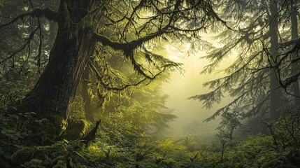 Naklejka premium Serene sunlit forest with moss-covered trees and lush green foliage