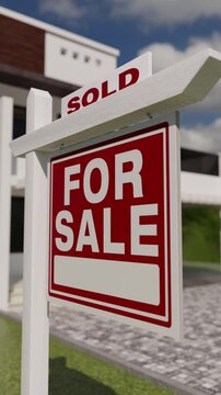 Vertical Sold For Sale Real Estate Sign In Front Of New Contemporary House.
