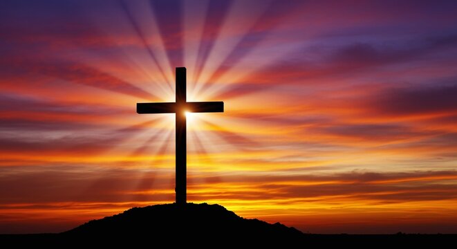 Sunset Cross Silhouette: A striking silhouette of a cross set against a dramatic sunset, rays of light radiating outward, embodying faith, hope, and redemption.