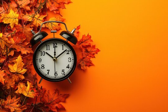 A classic alarm clock nestled amongst vibrant autumn leaves, marking the changing season and the cozy feeling of fall with a warm orange background.