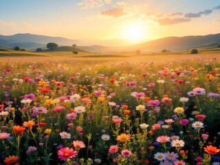 Field Of Poppies At Sunset Generation Ai