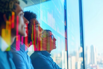 Inclusive Fintech Vision Neurodivergent Professionals Analyzing Dynamic Investment Strategies with Multicultural Data Visualization in Next-Gen Urban Workspace