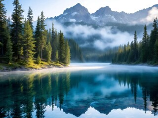 Fototapeta premium Mountain Lake In The Morning Generation Ai