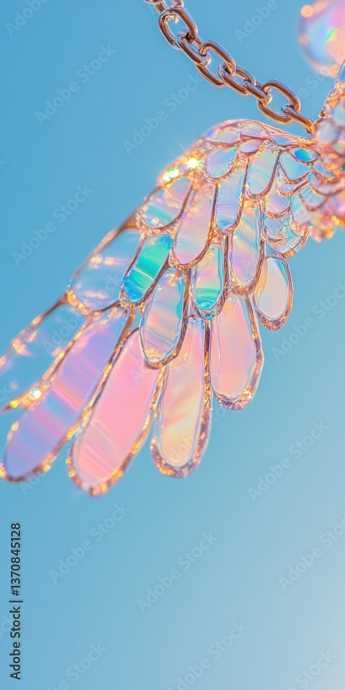 Poster metamorphosis unbound holographic iridescent wing pattern breaking metallic chains - transformative 