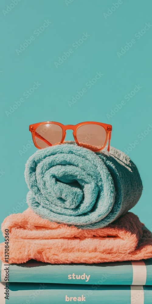 Poster retro color pop study break concept vibrant gen z learning pause with textured towels and trendy sun