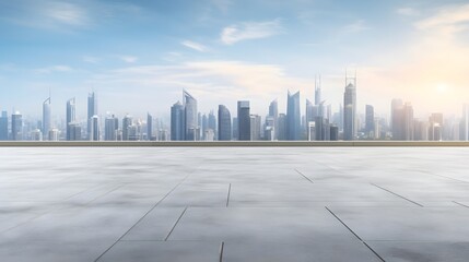 Modern City Skyline with Empty Cement Floor and Bright Sky