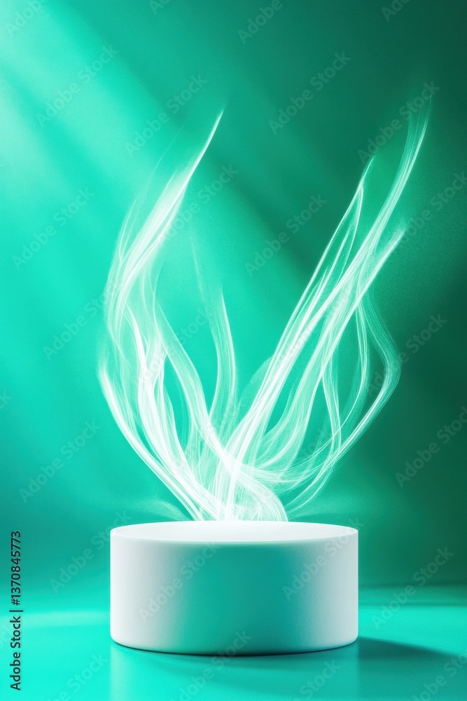 Poster Ethereal Wellness Podium Fluid Dynamic Light Performance Visualizing Minimalist Tech Innovation for Digital Meditation and Holistic Brand Experiences