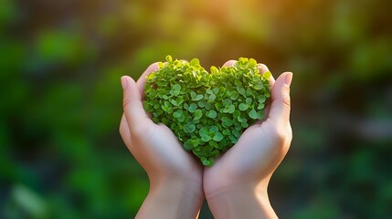 Two hands carefully hold a vibrant green heart shaped plant