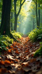 Obraz premium Forest floor covered in a thick layer of leaves, wilderness, nature, wild