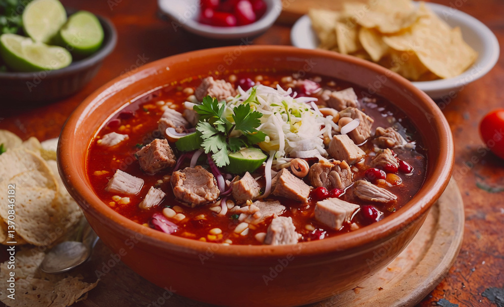 Poster bowl of soup with meat and vegetables. there are also some chips and a spoon. the bowl is on a woode