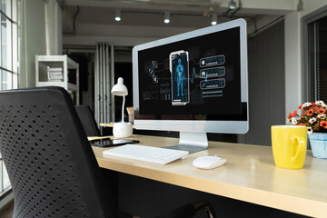 Medical science technology and futuristic healthcare virtual computer software analyze human health and diagnose disease for doctor data and medical research. brisk