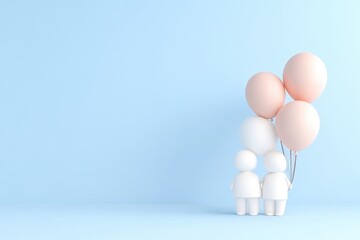 Two small figures holding balloons against a pastel background