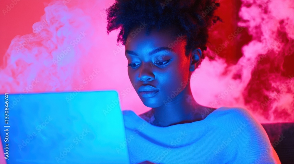 Poster Ethereal Digital Design Cyberpunk-Inspired Creative Professional Exploring Immersive UI/UX in Neon-Bathed Workspace - Innovative Tech Empowerment for Gen Z Creators