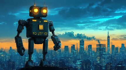 Giant Robot in a Futuristic City at Dusk