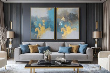 Mockup poster frame on the wall of living room Luxurious apartment