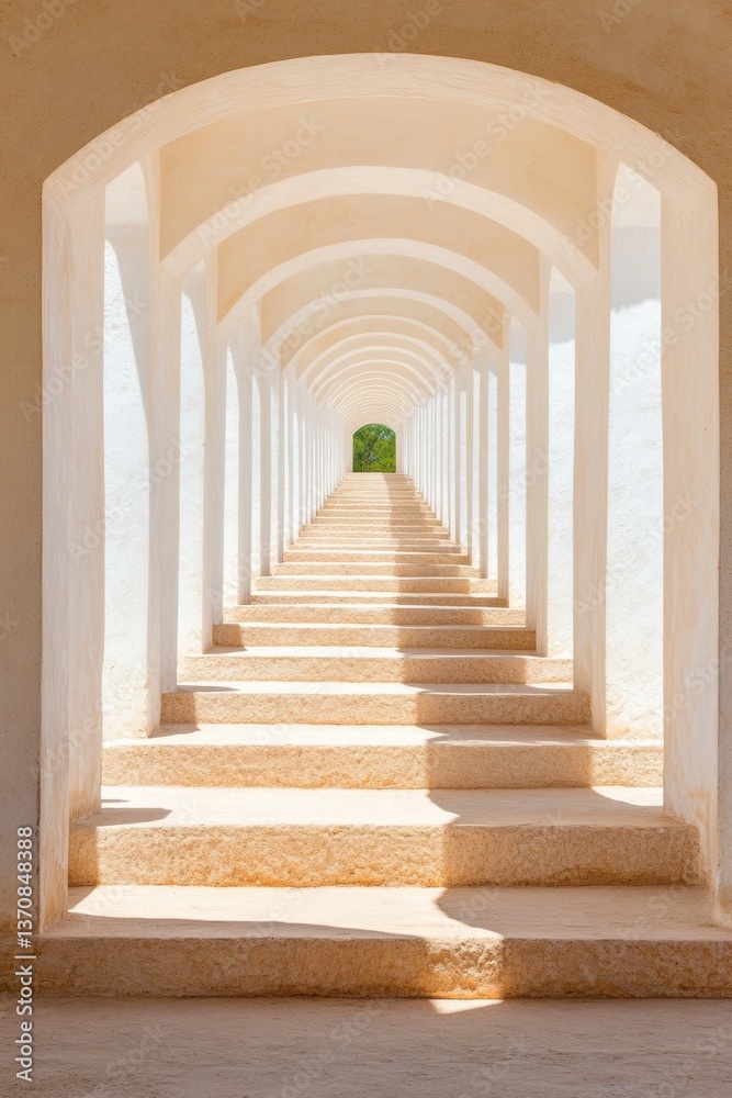 Poster ethereal architectural perspective minimalist stone corridor with infinite symmetry - mindful design