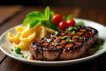 Grilled Churrasco steak on a plate with Batat Recheada beside it, batatais, steak, churrasco