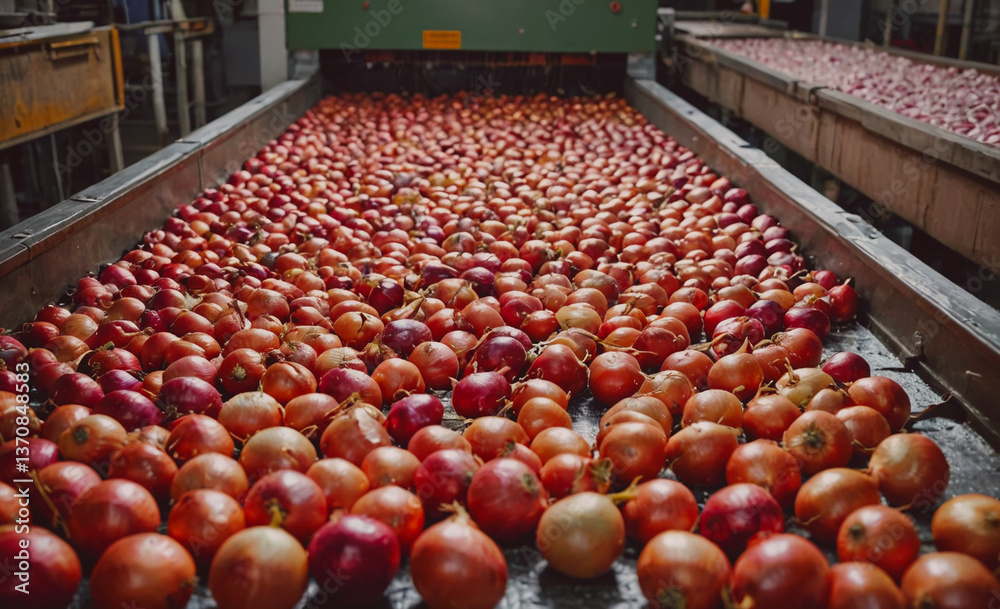 Poster Conveyor belt with many red apples on it. The apples are in a row and are all the same size