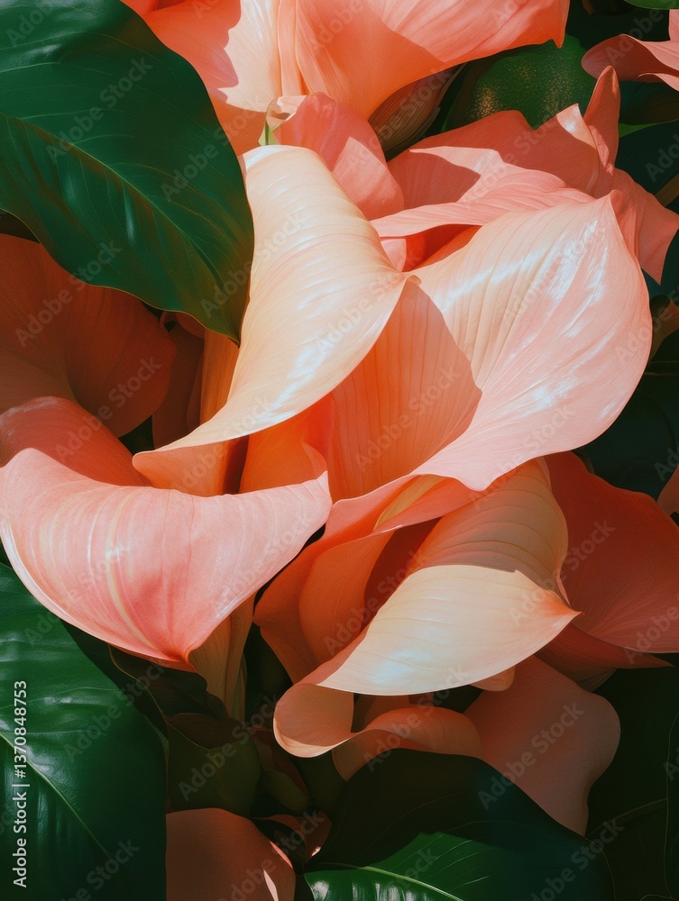 Poster Botanical Metamorphosis Soft Coral and Emerald Leaf Symphony - Immersive Nature Exploring Organic Transformation in High-Resolution Visual Design