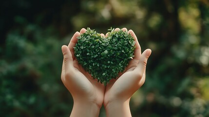 Hands are cupping a heart shaped green plant display