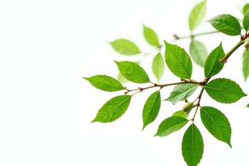 Leafy branches with twigs and small buds isolated on white background, plant life, twigs and buds, botanical