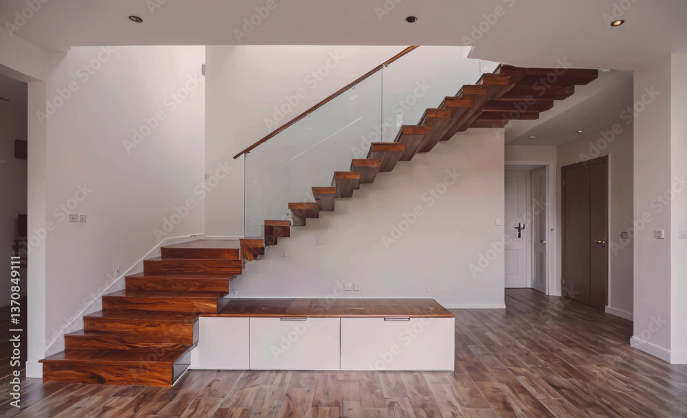 Poster staircase with a bench in the middle. the bench is wooden and has a drawer. the staircase is made of