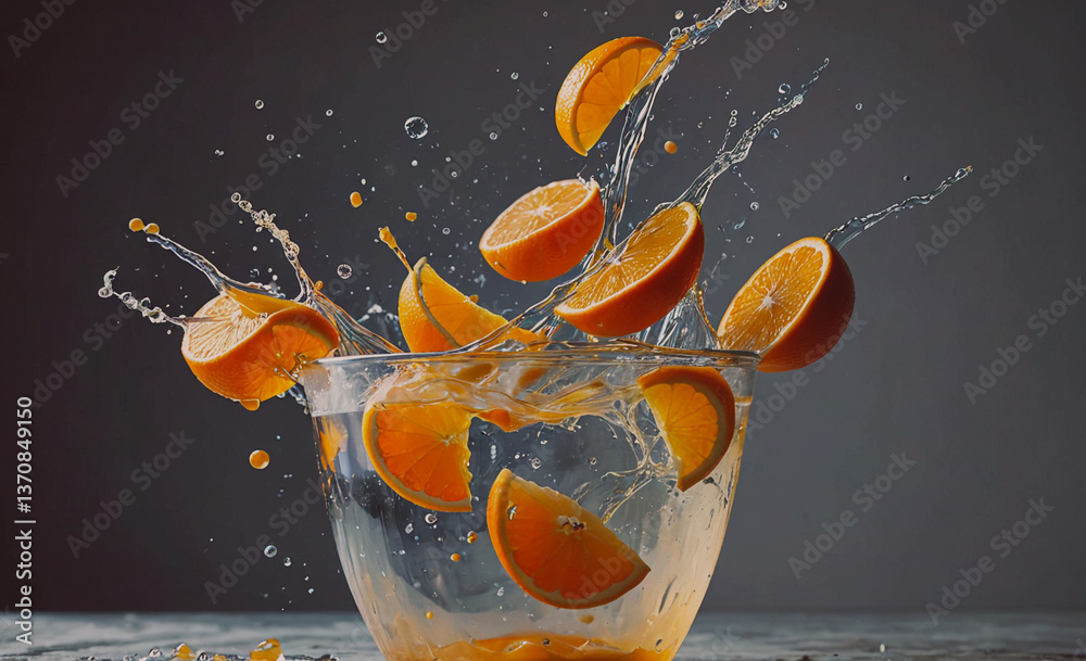 Poster bowl of oranges with water splashing out of it. the oranges are cut in half and scattered around the