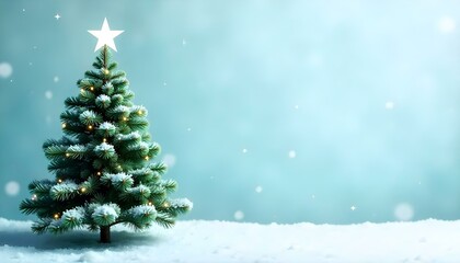 Fototapeta premium A festive Christmas scene features a lush, green Christmas tree adorned with snow, topped with a bright white star, set against a textured, light blue background with falling snow, and a white surface
