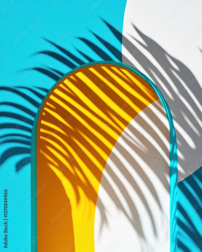 Leinwandbilder Vibrant Geometric Minimalism Dynamic Color-Block Design with Tropical Palm Shadow Overlay - Contemporary Visual Branding and Creative Digital Art Concept