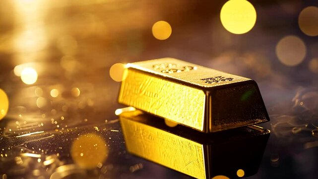 Einzelner Goldbarren auf reflektierender Oberfl&auml;che