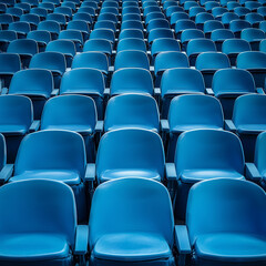 Fototapeta premium Blue seats in an outdoor stadium, rows of seats, advertising photography