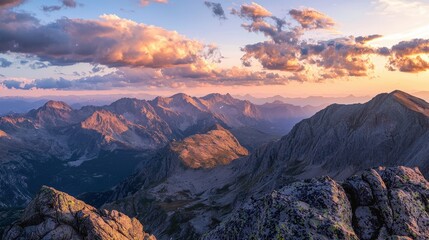 Majestic mountain sunset with golden peaks and vibrant sky