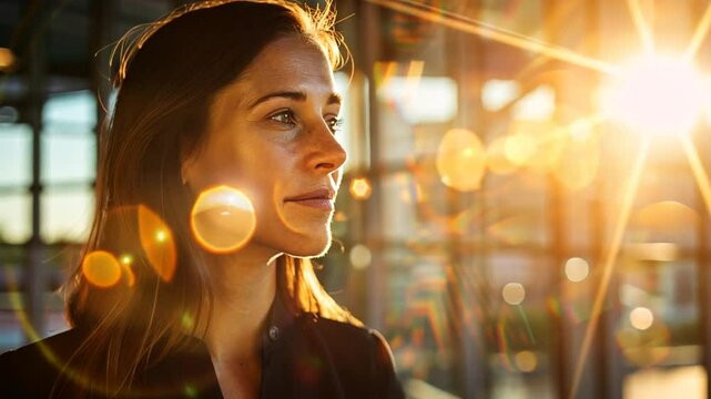 Frau mit Blick aus dem Fenster bei Abendlicht
