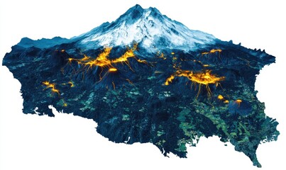 Volcanic eruption on snow-capped mountain island, geological visualization