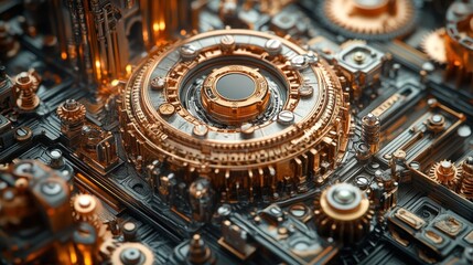 Detailed close-up of intricate steampunk gears and mechanisms with glowing city background