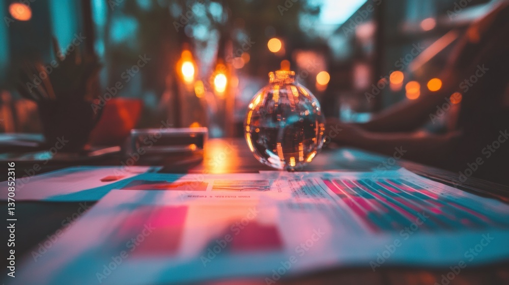 Poster Cyberpunk Global Business Intelligence Crystal Sphere Illuminating Futuristic Data Visualization with Neon Urban Bokeh - Innovative Tech Forecasting and Strategic Insight Metaphor
