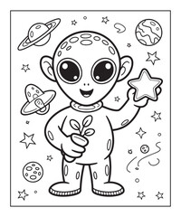 Cute alien coloring page for kids, black line art vector illustration on white background