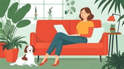 Remote Workday with a Furry Companion in a Cozy Well Lit Home Office Space