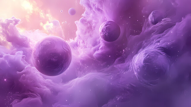 Mystical purple realm with floating orbs and ethereal smoke textures. Vaporous Gleam. Illustration