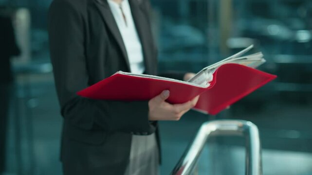 Partial view of woman in black blazer holding red folder while reviewing documents near modern urban setting with reflective residential building background and chrome railing under daylight