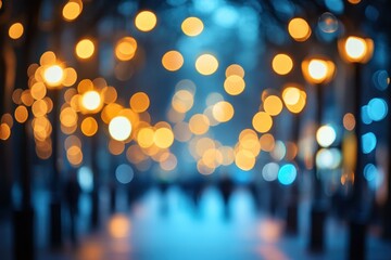 Fototapeta premium Abstract urban nightscape with blurred golden and blue lights creating a dreamy bokeh effect for city ambiance and festive mood