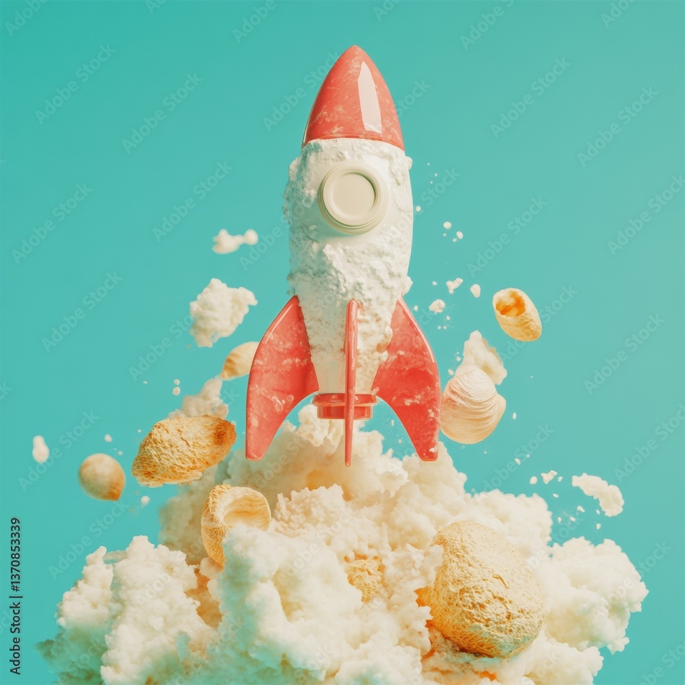Poster surreal startup metaphor innovative rocket launch with playful ice cream explosion - creative market