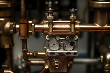 Close-up of industrial machine components with copper pipes