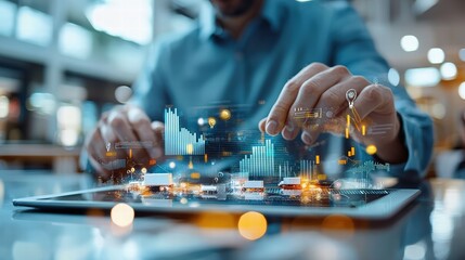 Businessman managing corporate operations on a tablet, analyzing logistics data to enhance productivity and efficiency. Reflects strategic decision-making in business management.