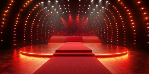 Red carpet event stage set up with dramatic lighting in a cozy venue