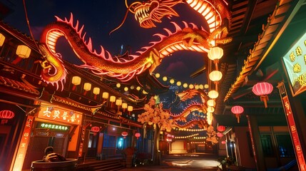 Chinatown with Neon Dragons Glowing Overhead Mixing Traditional and Futuristic Elements