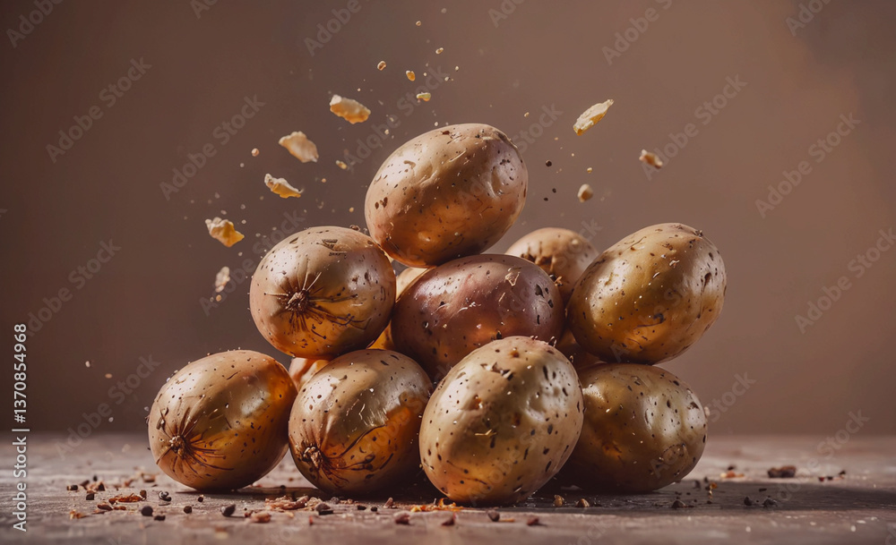Poster Pile of gold potatoes with some of them broken. The pile is on a table. There are at least 12 potatoes in the pile