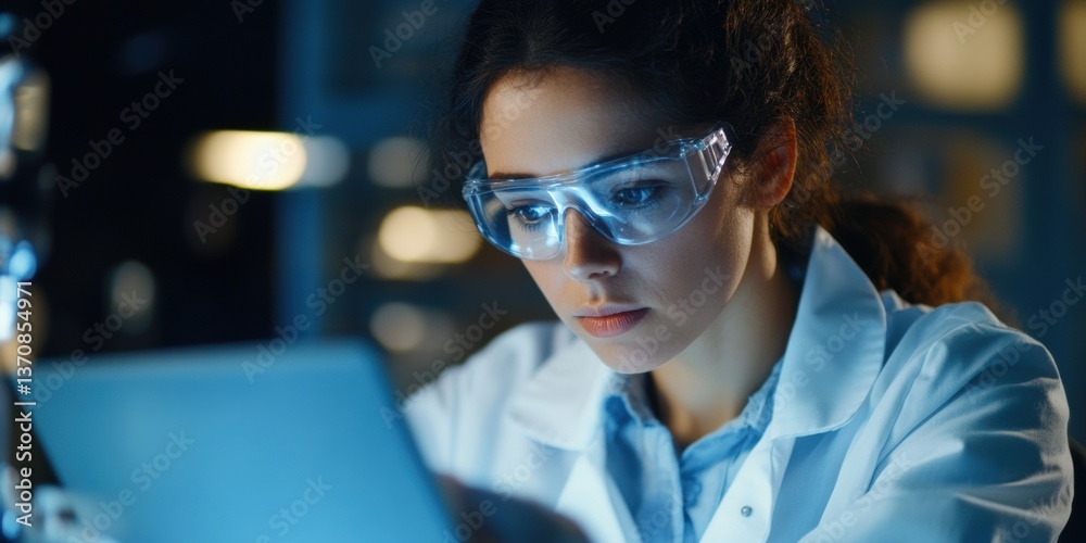 Poster future-forward scientific innovation female professional in high-tech laboratory analyzing advanced 