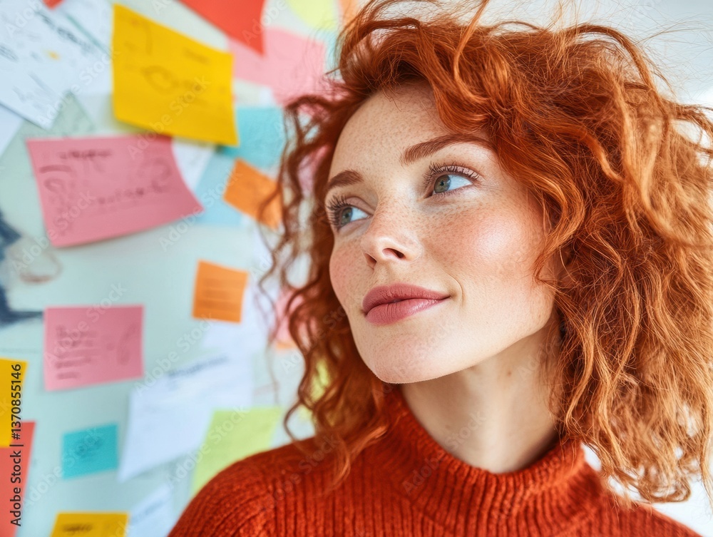 Poster vibrant creative brainstorming gen z professional in textured rust knit exploring innovative ideatio