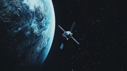 Orbiting Sentinel: A sleek satellite, its solar panels gracefully outstretched, orbits the Earth, a symbol of technological advancement and humanity's reach into the cosmos. 